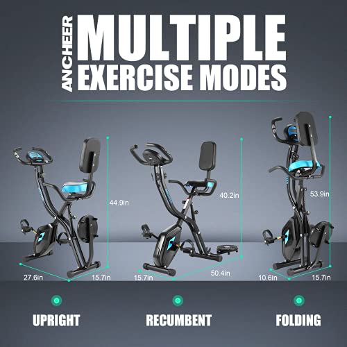 ANCHEER Hometrainer, inklapbaar, oefenfiets, app, 10 weerstandsniveaus, magnetisch, fitnessfiets met houder voor tablet/telefoon en brede en comfortabele pasvorm, zwart (met rugleuning) - Afbeelding 7