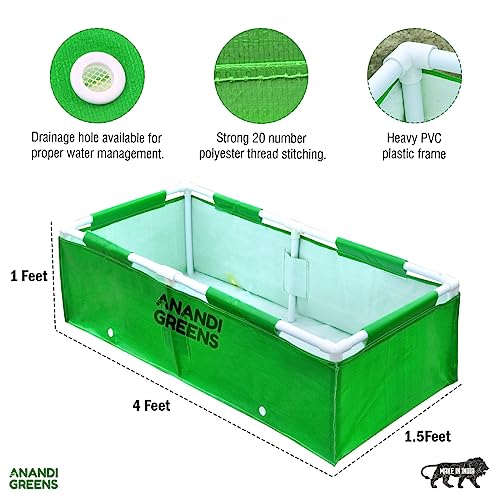 Image of Anandi Green's HDPE UV Protected 360 GSM Green Color Rectangular Plants Grow Bags Suitable for VegetableTerrace Gardening with PVC Pipe Support (4Lx1.5Wx1H Fit) Pack of 1