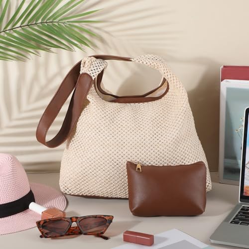 Image of Dansydaisy 8 Pieces Large Tote Bags Bulk, Straw Tote Bag Summer Woven Beach Tote with Pocket Bag, for Women Shopping Bridesmaid Gift Bags