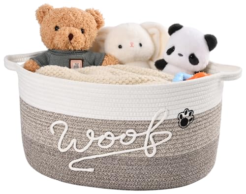 Degeyoyo Woof Dog Toy Basket with Handles Large Dog Toy Storage Bin with Paw Print Woven Dog Basket for Blankets Toys Chews Pet Toy Box for Nursery Living Room Bedroom 17x12x9 Brown