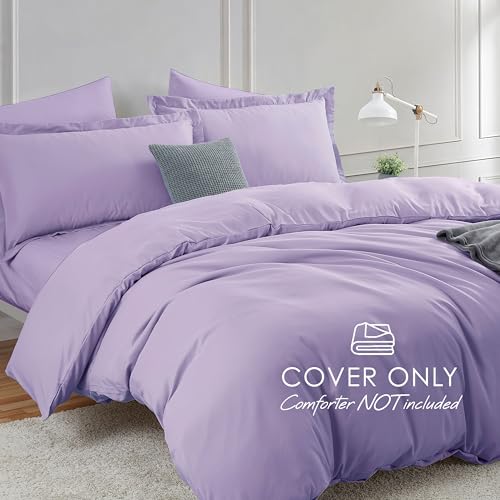 Image of Hearth & Harbor Lavender Duvet Cover with Fitted Sheet Twin Size | 3 Piece Soft Double Brushed Bedding Set, Button Closure, 1 Duvet Cover 68x90 Inches, 1 Fitted Sheet, 1 Pillow Sham