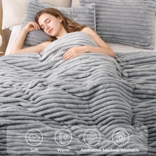 Image of BEDELITE Fleece King Comforter Set, Fluffy Bed Set, Grey Ombre