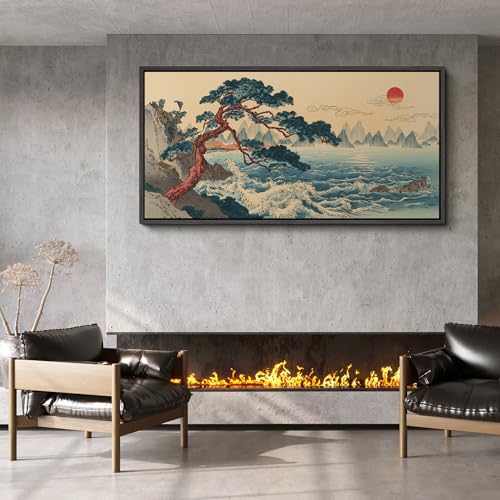Image of MUDECOR Extra Large Framed Canvas Print Wall Art Traditional Asian Coastal Pine Tree Sunrise Landscape Antique Retro Ready to Hang Painting for Living Room Bedroom Multi-Sizes - 60 inchx30 inch