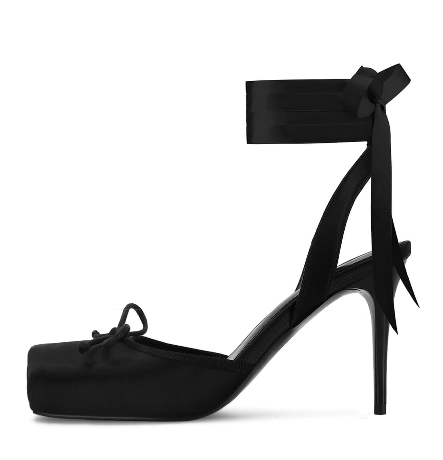 Satin Ballet Heels for Women with Bow Square Toe Ballerina Stiletto Heels Lace Up High Heel Slingback Pumps Strappy Mary Janes Cute Elegant Party Shoes