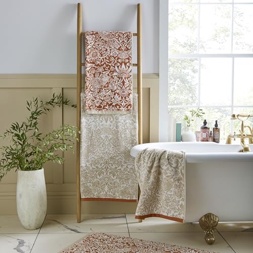 Image of William Morris at Home Strawberry Thief 100% Cotton Bath Towel In Linen/Rust (70cm x 125cm)