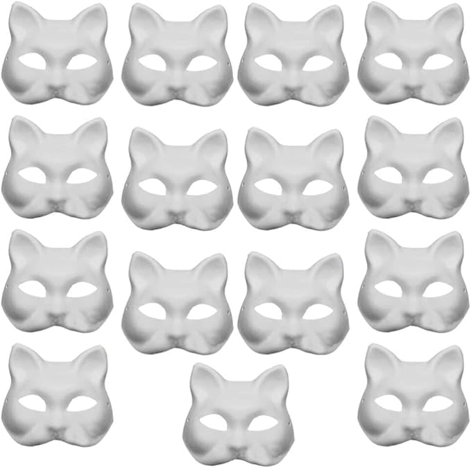 HshDUti Cat Masks, 6 Pcs DIY White Fox Cat Face Blank - Hand Painted Masquerade Masks for Kids Adults, Cosplay Party, Halloween Party, 15 Pcs