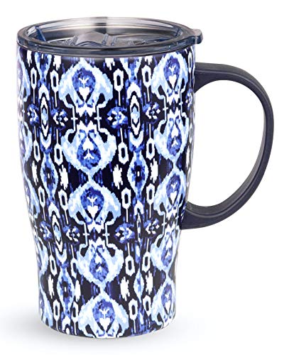 Vera Bradley Blue Stainless Steel Insulated Travel Mug with Handle and Lid 18 Ounce CoffeeTea Thermal Tumbler Cup Ikat Island