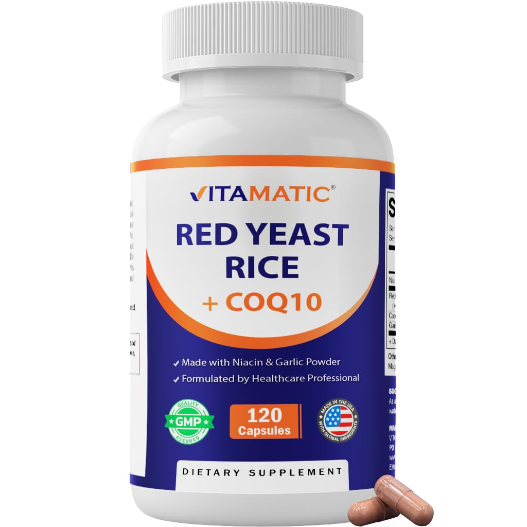 Vitamatic Citrinin-Free Red Yeast Rice 1200 mg. Capsules with CoQ10 100mg, Flush Free Niacin 100mg, & Garlic Powder 20mg - 120 Veg Capsules 120 Count (Pack of 1)