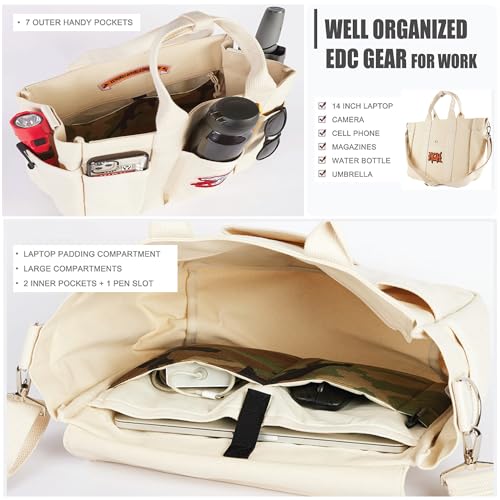 Rough Enough Crossbody Laptop Tote Bag for Women Men Heavy Duty 20 oz Canvas Work Tote 27L Large Capacity Padded 14 Inch Laptop Compartment Travel Business2