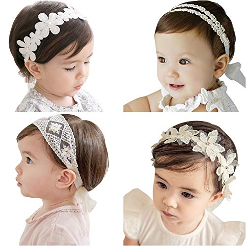 VEGCOO Lot de 4 Bébé Bandeaux, Bébé Filles Cheveux Bande de Cheveux, Enfants Comme Accessoire de Fête/Mariage/Photographie (Blanc)