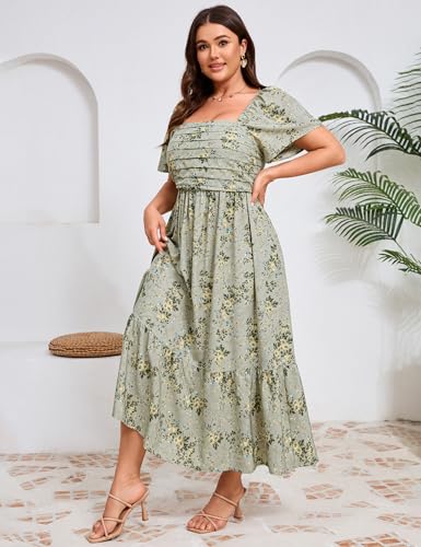 Image of ShopWonder Women Plus Size Dress Short Sleeve Square Neck Floral Maxi Pleated Ruffle A Line Long Dress