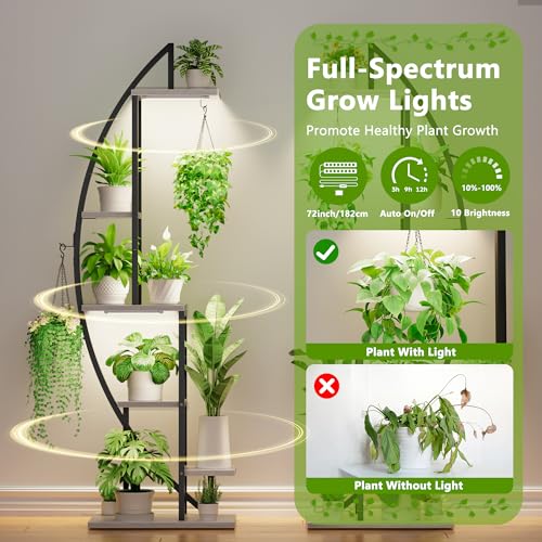 Image of BACEKOLL Plant Stand Indoor with Grow Lights, 6 Tiered Tall Plant Shelf, 63 inch Metal Plant Stand for Indoor Plants Multiple, Half-Moon Plant Rack Display Shelf, 2 Pcs Plant Holder for Living Room, Grey