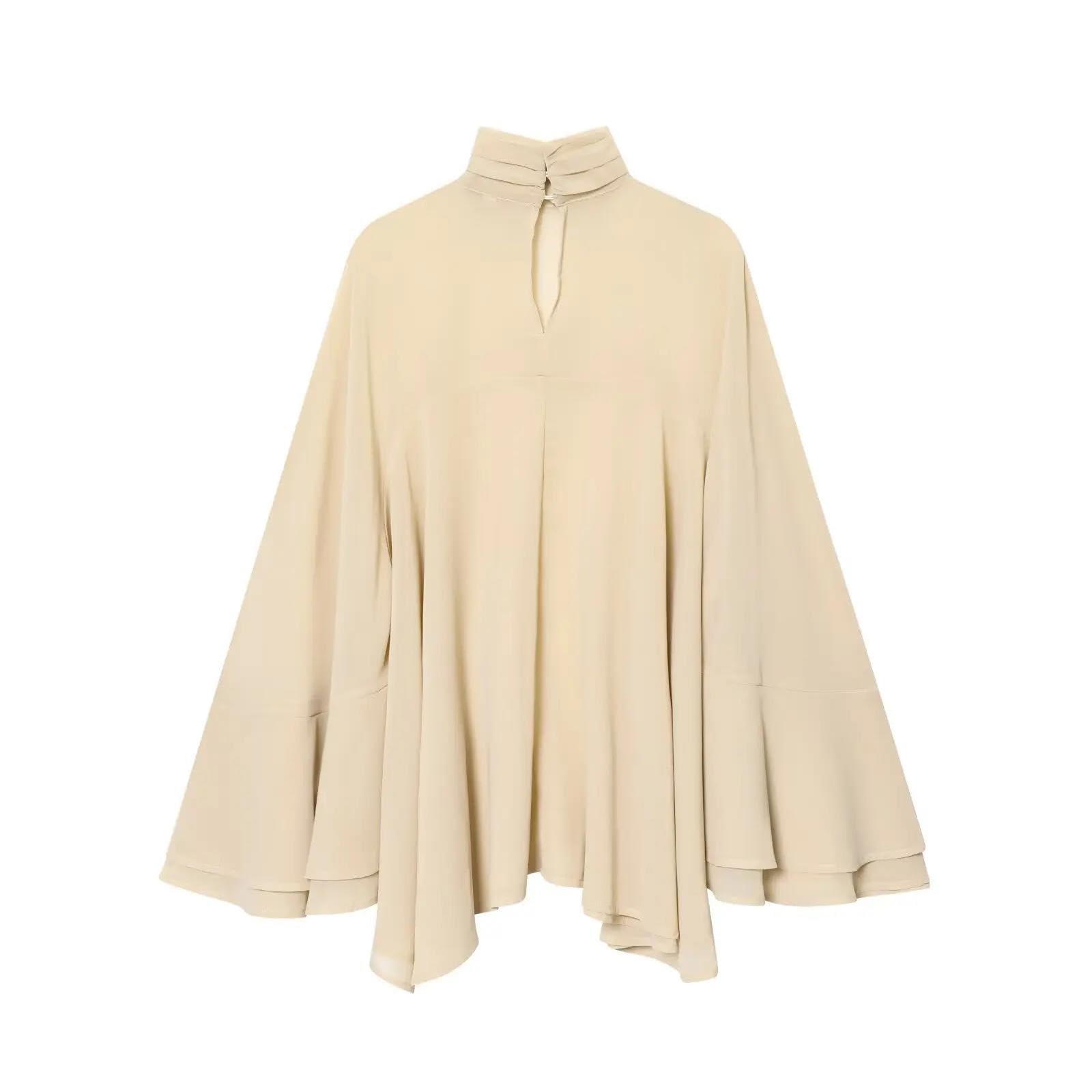 Genérico Camisa asimétrica para Mujer, Plisada, con Cuello Alto, Holgada, de Manga Larga, Estilo murciélago, Elegante, Informal, Color Beige Mediano.