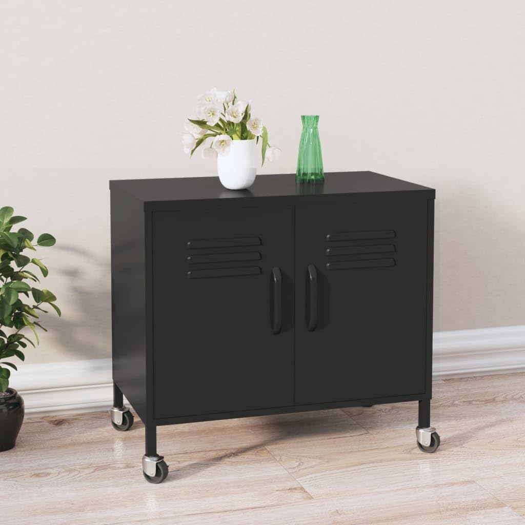 Armario de taller de acero negro 60 x 35 x 56 cm con 4 ruedas y estante ajustable, solución de almacenamiento robusta para exterior y oficina para jardín, balcón y oficina en casa