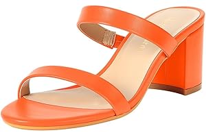 Women's Orange Chunky Block Heel Sandals with Open Toe & Two Slip-On Straps