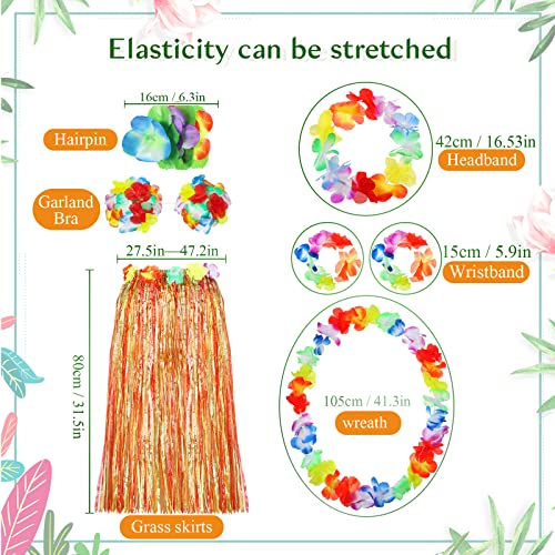 Canlierr 9 Pcs Women Halloween Hula Skirt And Palm Tree Head Bopper Hawaii Floral Grass Necklace Leis Garland Bracelets Bikini Top For Summer Sandbeach Luau Dancing Party Tropical Decor #TOP1