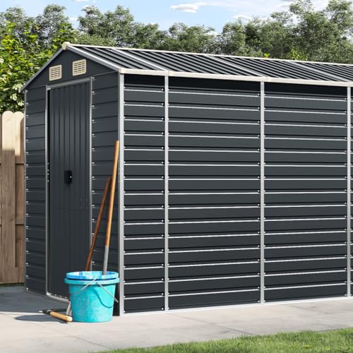 Plumbpyr Cobertizo para herramientas de jardín de acero galvanizado, color antracita, 191 x 810 x 198 cm, con techo inclinado, gran espacio de almacenamiento para herramientas de jardín, herramientas