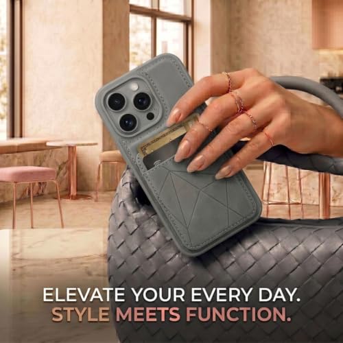 Image of amazon basics Premium Vegan Leather Back Cover with Card Holder and Integrated Mobile Stand for iPhone 16 Pro - Slim Shockproof Wallet Case with Geometric Stitching [Gray]