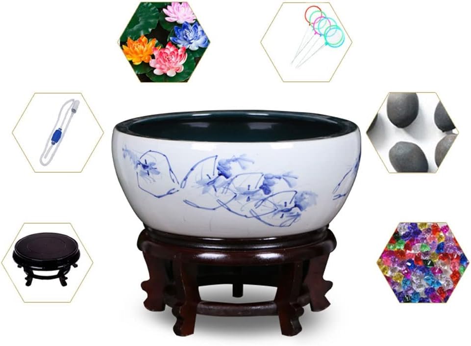 Fish Tabk Chinese Style Ceramic Goldfish Bowl Fish Tank Living Room Balcony Turtle Tank Desktop Lotus Fish Culture Tank Aquarium Fish Bowl Cool Fish Tank,A-35CM