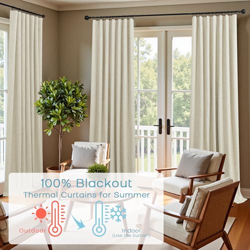 Image of KOUFALL French Country Curtains for Living Room, Farmhouse Style Blackout Rustic Linen Lined Insulated Curtains for Bedroom Sliding Door, Tan, 96 Inches Long