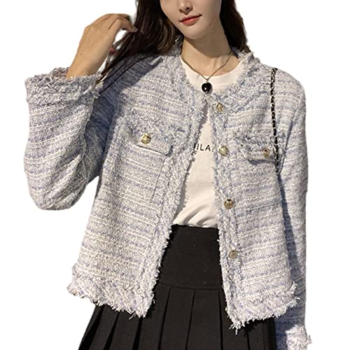 Rose rosee Women's Plaid White Tweed Blazer Open Front Collarless