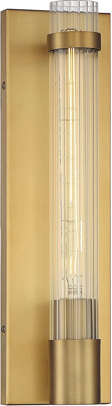 Savoy House 9-996-1-322 Willmar Industrial Modern Clear Ribbed Glass Rectangular Wall Sconce, 1-Light 60 Watt, 16" H x 5" W, Warm Brass