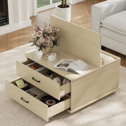 Image of MALOL Storage Coffee Table with 2 Drawers & Flip-Top Lid with Hidden Storage, Modern Fluted Wood Coffee Table, Solid Wood Legs, Square Center Table for Living Room, Light Wood