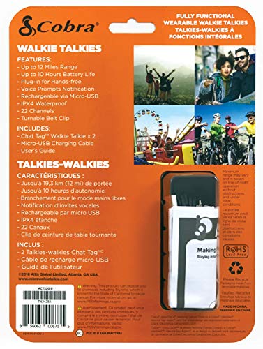 Cobra ACT220B Chat Tag Rock Wearable Walkie Talkies - Waterproof, Hands Free, Rechargeable, Long Range 12-Mile Two Way Radio Set (2 Pack) - Thumbnail 6