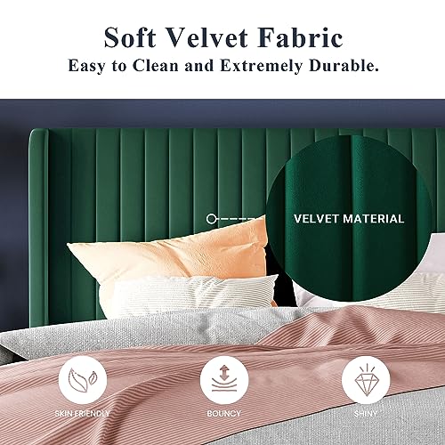 Allewie King Size Bed Frame/Velvet Upholstered Platform Bed/Vertical Channel Tufted Wingback Headboard/Strong Wooden Slats/No Box Spring Needed/Easy Assembly/Green