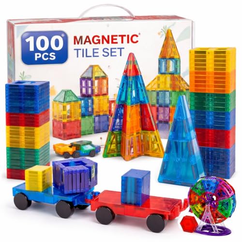 ME JO 100 PCS, Magnetic Building Blocks for Kids, Magnetic Tiles, STEM Educational Toy with Car Base, Strong Magnets Construction Set for Toddlers & Kids Birthday Gifts 3 4 5 6 7 8 9 + by ME JO - Used condition - US$29.14