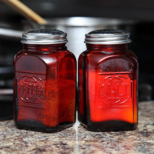Trenton Gifts Old-Fashioned Salt and Pepper Shakers, Red Depression-Era Glass Kitchen Decor