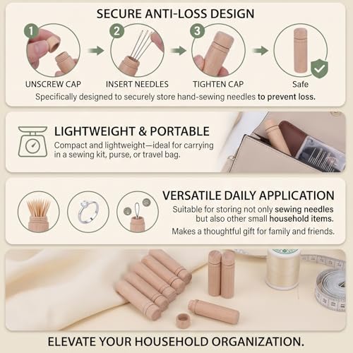 Image of HEEPDD Wooden Needle Cases 8 Pack, Portable Sewing Supplies Storage Organizer with Stickers, Screw Top Lids for Needles, Crafting Accessory Holder for Sewing Kit, Thread, Pins, Small Part | Anti Lost, Polished Solidly Wood Material,1.5 X 6cm,Large Capacity,Lightweight, Portable,Sewing Essentials,Widely Used