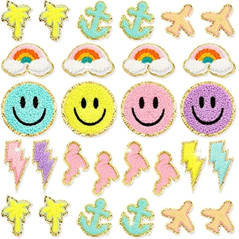 28 Pcs Iron On Patches Colorful Sew Iron on Patch Cute Chenille Embroidered Patches Applique Patches for Clothing Fabric Jackets Jeans Repair Decor Craft (Vivid Style) Cover