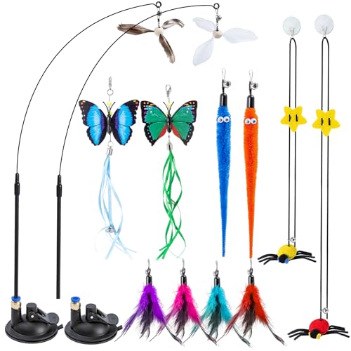 KesterlsShopping 3-in-1 Cat Wand Toys 12Pcs Interactive Cat Feather Toys for Indoor Self Play & Exercise 2 Reusable Strong Suction Cups 2 Hanging Spider Toys for Kitten