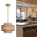 InterMaka 12.4” Boho Rattan Chandelier Light Fixture, 1-Light Hand Woven Pendant Light Fixture Farmhouse Rustic Hanging Lamp for Kitchen Island Bedroom, Dining Room, Living Room, Entryway, Foyer