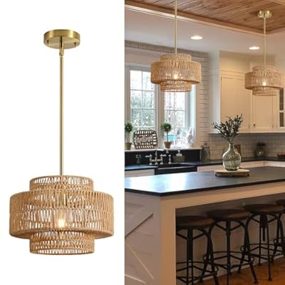 InterMaka 12.4” Boho Rattan Chandelier Light Fixture, 1-Light Hand Woven Pendant Light Fixture Farmhouse Rustic Hanging Lamp for Kitchen Island Bedroom, Dining Room, Living Room, Entryway, Foyer