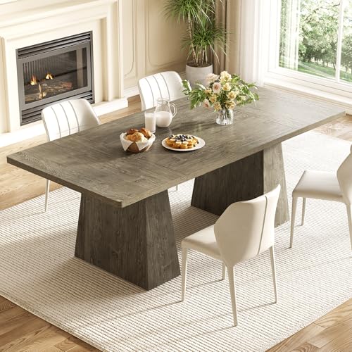 Image of LITTLE TREE Dining Table for 6 People, Wooden Table, Rectangle Furniture with Heavy Duty Legs, Modern Kitchen Table for Home, Dining Room, Grey