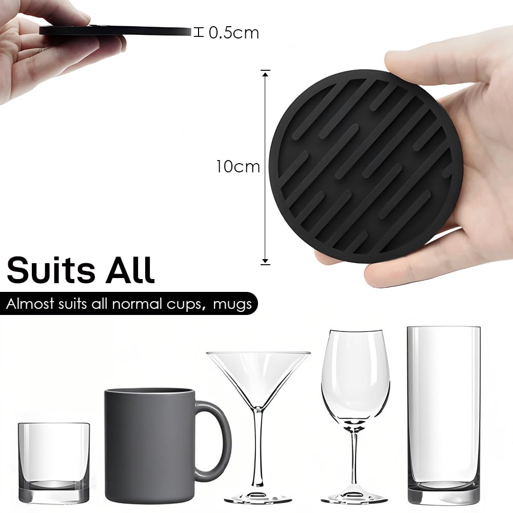 Posavasos Juego, Redondo Antideslizante Portavasos con Soporte, Silicone Coasters para Taza, Mesa, café, Bar, Bebidas, Drinking Coasters Cup Mat, 6 Piezas, Negro