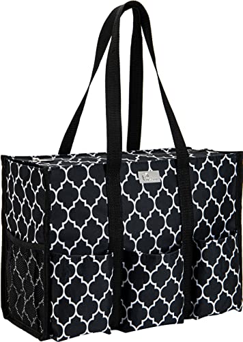 Pursetti Utility Tote with Pockets & Compartments-Perfect Nurse Tote Bag, Teacher Bag, Work Bags for Women & Craft Tote (Black and White Lattice)