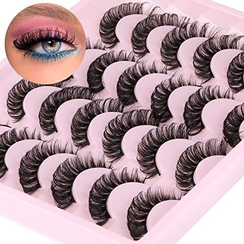 Newcally Natural Eyelashes Russian Strip Lashes Mink D Curl Short Wispy Fake Eye Lashes Pack Cat Eye Thick Fluffy Volume False Eyelashes 12 Pairs Lashes Look Like Extension #TOP4