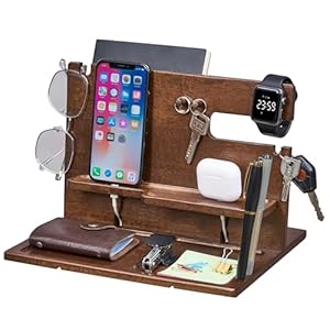 ANWBROAD Gifts for Men Wood Phone Docking Station Birthday Gifts for Him Desktop Storage Station Beside Organizer Holds Phone Watch Earbuds Pen Wallet for Home Office JBG005Z