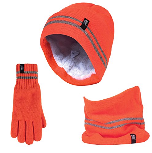 HEAT HOLDERS Hi Vis Hat, Neck Warmer & Gloves Set Reflective Workwear Set for Extreme Cold Weather (S-M, Orange)