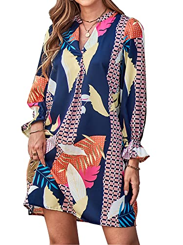 Kinmiu Womens Loose Body Con Business Mini Work Sun Shift Dress Long Puff Sleeve Juniors Beach Homecoming Bodycon Flowy Tunic Summer Funeral Tunic Dresses For Women(Small,Geometry Printed) #TOP13