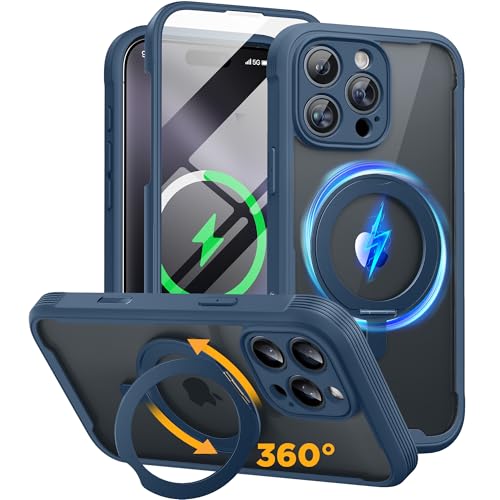 Image of Miracase for iPhone 16 Pro Max Case with 360 Magnetic Ring Stand [Compatible with Magsafe] Full-Body Drop Proof Bumper Phone Case with Built-in 9H Tempered Glass Screen Protector,Blue