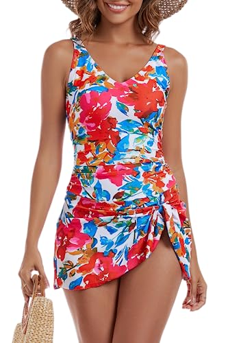 Image of Aidonger One Piece Swim Dress Swimsuits for Women Tummy Control Swimdress Skirt Bathing Suit
