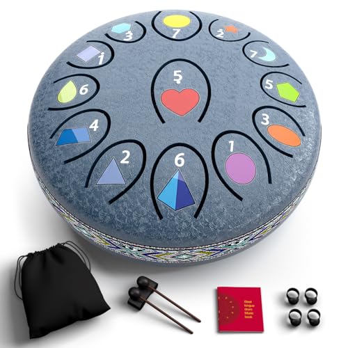 Image of REGIS Rain Drum for Outside Garden, 6.8 Inches 13 Notes Steel Tongue Drum, Waterproof Meditation Rain Chime, UV-Printed Notes & Geometric Design, with Bag, Mallets & Music Book(Navy)