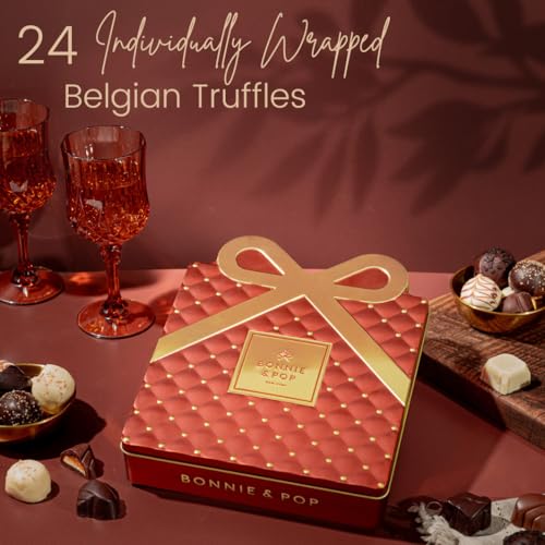 Chocolate Gift Basket, Candy Food Gifts Arrangement Platter, Gourmet Snack Gift Bow Tin Box, Present Idea, Stocking Stuffer, Corporate Him & Her, Men Women Family Parties- Gourmet Belgian Truffles- Brown- Bonnie & Pop - Image 3