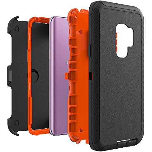 Image of Case for Galaxy S9 with Clip, Heavy-Duty Tough Rugged Shockproof Drop Protective Cover Cases for Samsung Galaxy S9, Black+Orange