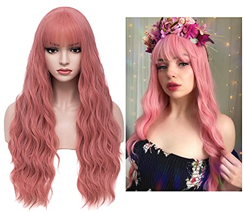 BERON 27 Inches Pink Wig Long Curly Pink Wig with Bangs Pink Wig for Women Fluffy Wavy Heat Resistant Synthetic Wig (Light Pink)