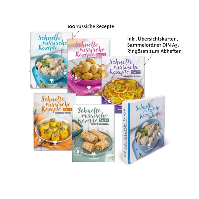 ThermoTasty Russisches Bündelset: 5 Kochbücher mit 100 original russischen Rezepten, russische Gerichte für den Thermomix® inkl. Schritt-für-Schritt Videoanleitungen & Sammelordner gratis
